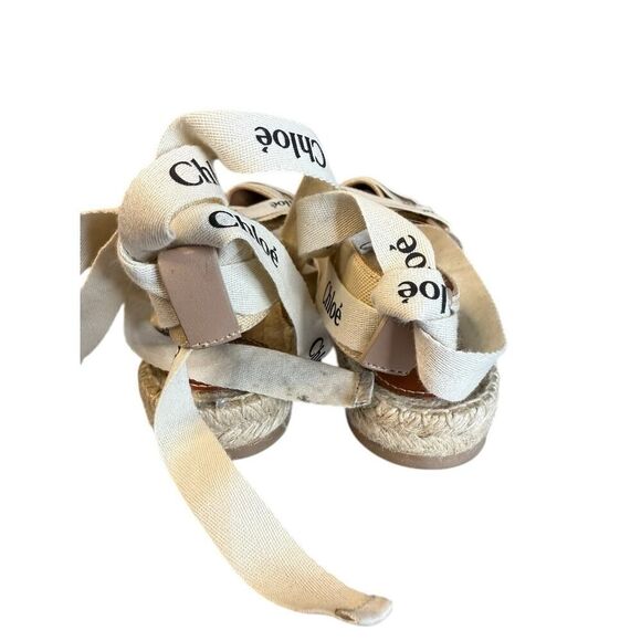 Chloe Beige/White Leather Canvas Espadrille Ankle Wrap Ingrid Flats sz 37/6.5 - Picture 7 of 13